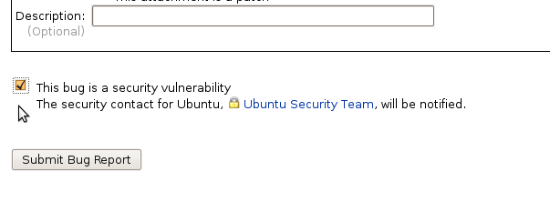 Dialog when reporting a security bug, showing checkbox for "This bug is a security vulnerability" being marked.